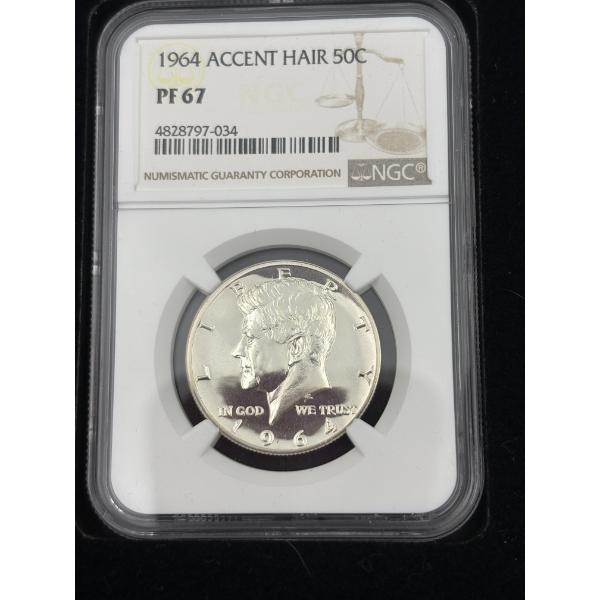 PF 67 1964 Accent Hair 50 Cent Kennedy Half Dollar - 90% Silver - FV $0.50 - NGC in Green cloth bag 
