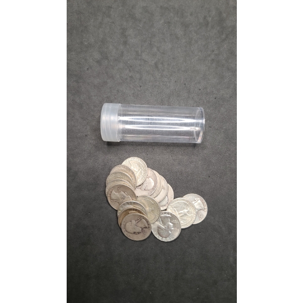 Assorted Years/Mint Marks Washington 90% Silver Quarters With Coin Tube - Face Value: $4.00