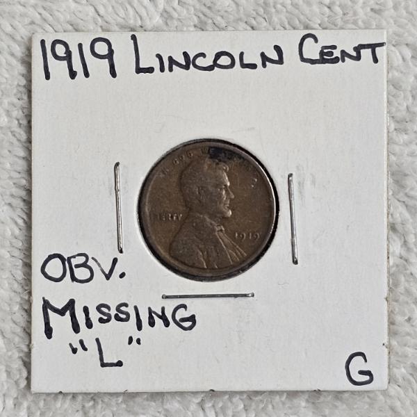 1919 United States Lincoln Wheat Cent - Obverse Missing "L" Error - Good Condition