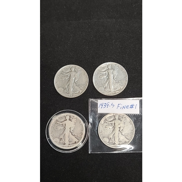 1917-S, 1939-S, 1943, 1944-S 90% Silver Walking Liberty Half Dollars - Face Value: $2.00