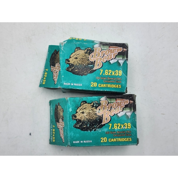 2 Full Boxes of Brown Bear 7.62x39 Rifle Ammunition -123 Grain HP & FMJ - Russian Made