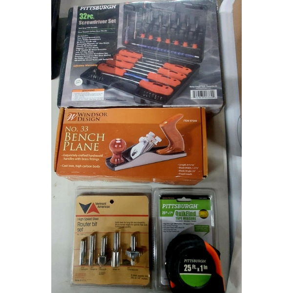 4 Pc Group - Brand New Tools Screwdriver Set, Router Bits, Bench Plane & Tape Measure