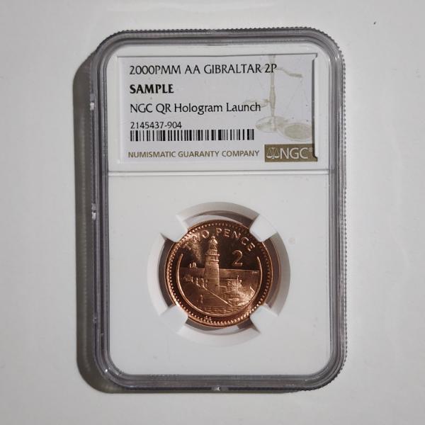NGC SAMPLE 2000PMM AA Gibraltar 2 Pence ~ NGC QR Hologram Launch