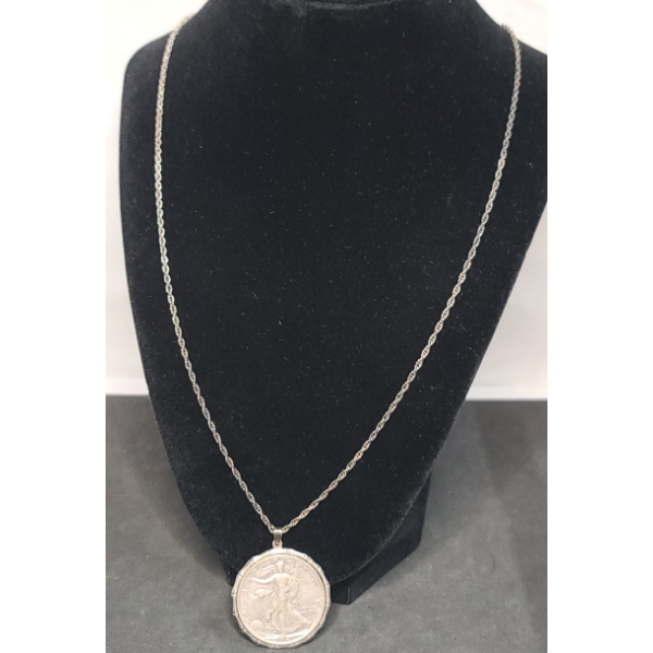 United States 1941 90% Silver Walking Liberty Half Dollar Set In Bezel On 24" Necklace 