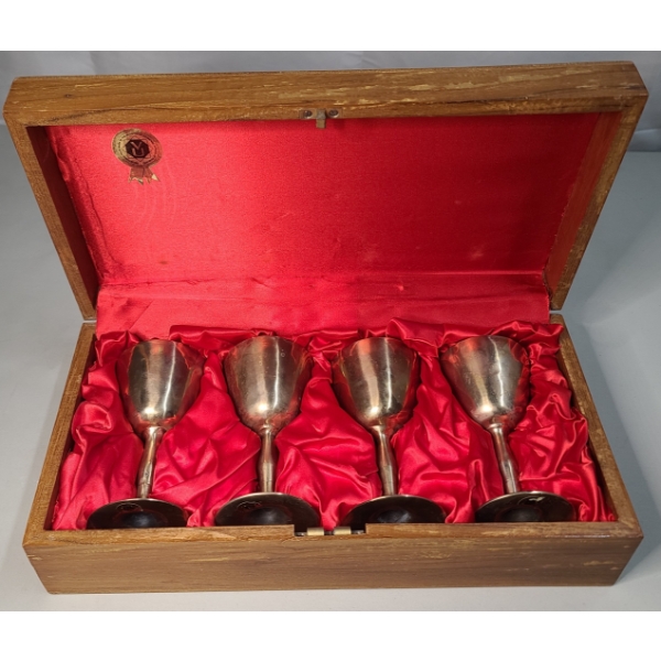 (4) Thai Solid Nickel Bronze Wine Goblets In Box