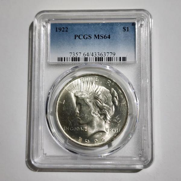 PCGS MS64 Graded 1922 United States 90% Silver Peace Dollar 