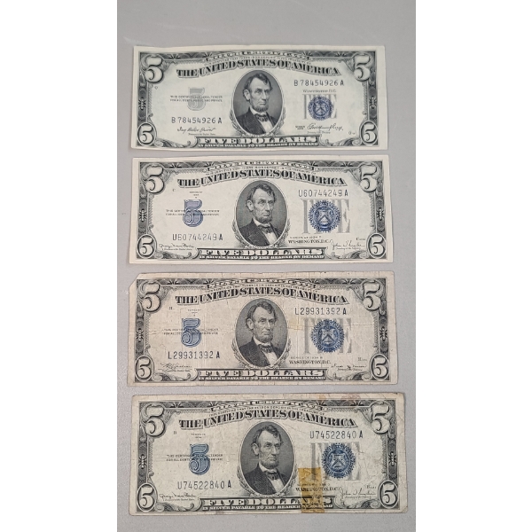 (4) Assorted Series United States $5 Silver Certificates - Face Value: $20.00