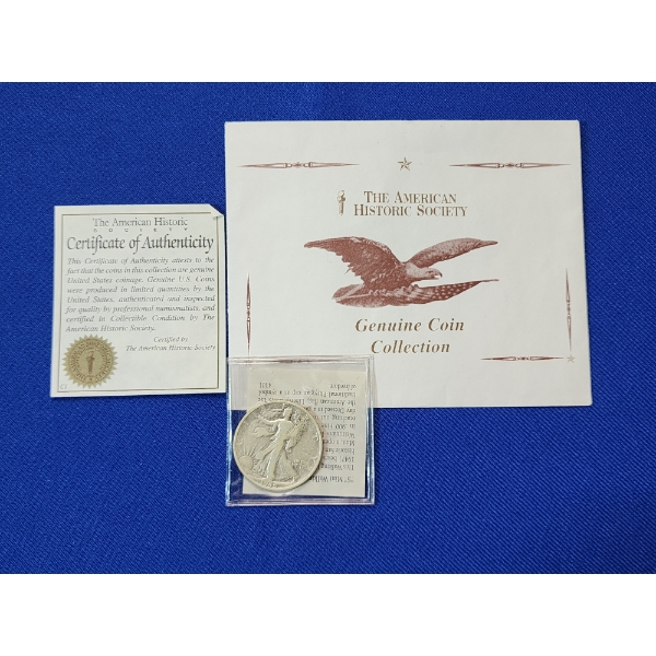 1945-S Walking Liberty Silver Half Dollar with American Historic Society COA