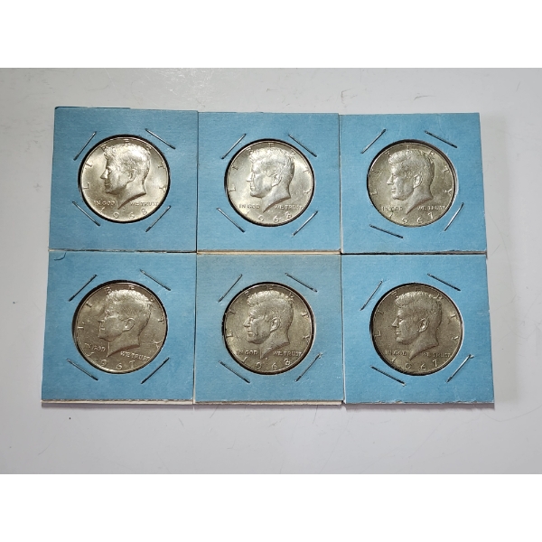 x6 Assorted Years 40% Silver Kennedy Half Dollars FV: $3.00