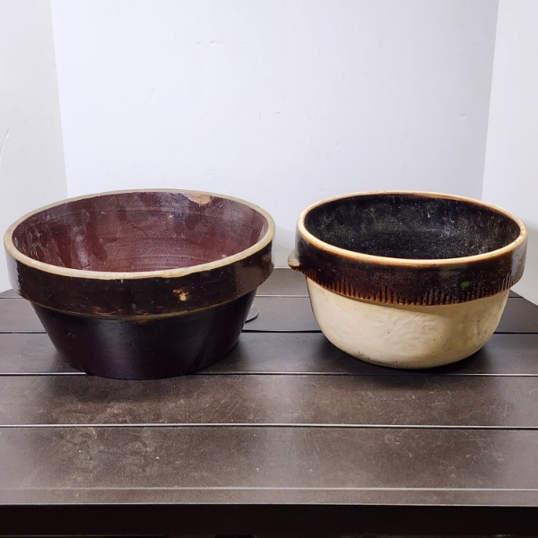 Two Vintage Unmarked Stoneware Mixing or Dough Bowls ~ 10 & 11 Inches Wide!