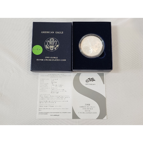 2008-W American Silver Eagle Uncirculated $1 Coin 1 oz .999 Fine Silver w/ OGP Box & COA