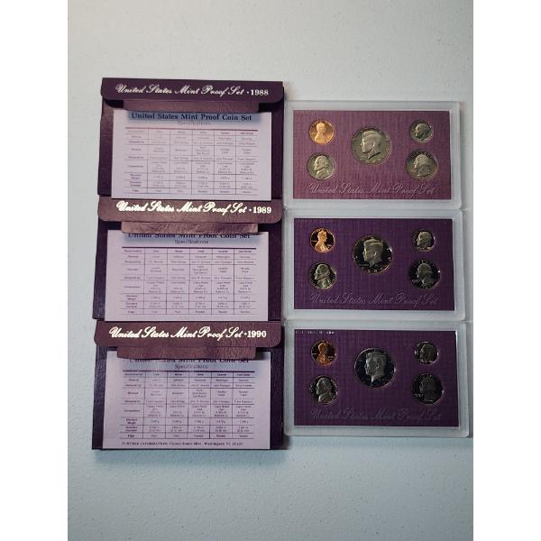1988, 1989, & 1990 United States Mint Proof Sets With Original Packaging & COA