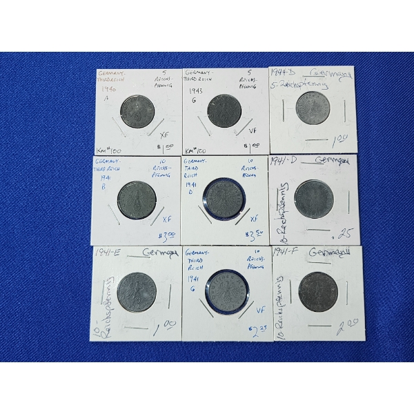 x9 Assorted Years & Mintmark Wartime Germany 10 & 5 Reichspfenning Coins Including XF & VF