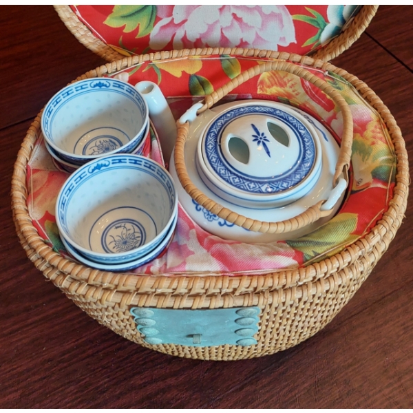 Complete New Old Stock Vintage Japanese  Porcelain Tea Set Including Carryall Basket - Nice Set