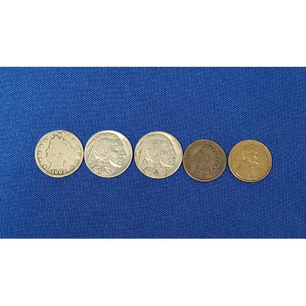 V Nickel , Buffalo Nickels, Indian Head Penny & Wheat Penny -Face Value: 0.17 Cents