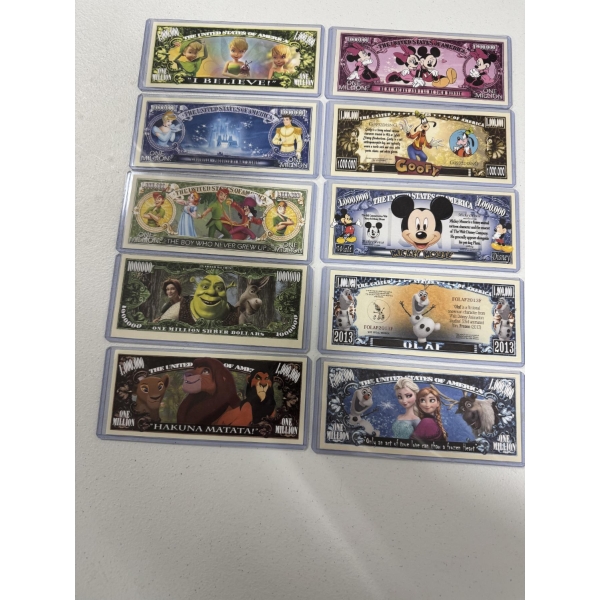 Rare Set Of 10 Disney Dollars - Million Dollar Bills In Protective Holder - Mint Condition