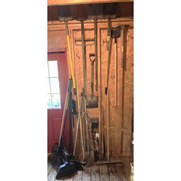Assorted Lawn Tools incl Brooms, Shovels, Rakes and More