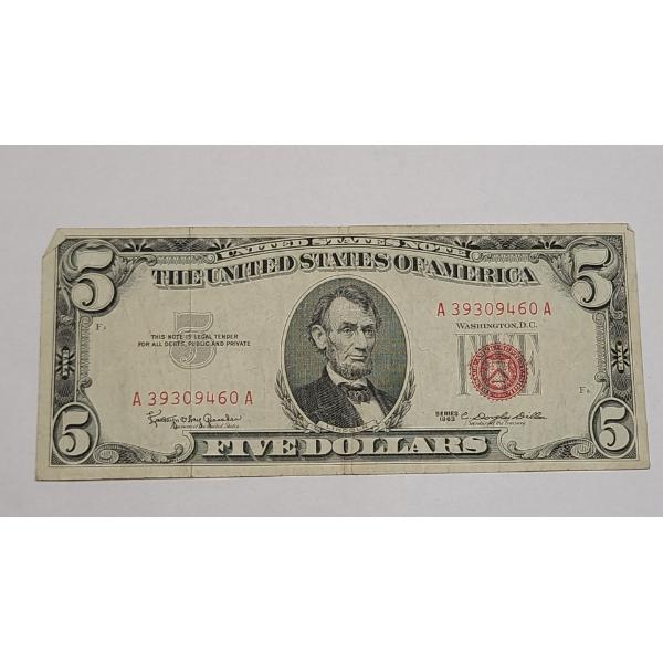 United States Series 1963 $5 Red Seal Bank Note With Granahan And Dillon Signatures