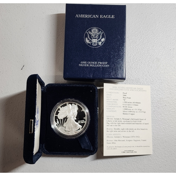 2006 Silver American Eagle Proof - West Point Mint - 1 oz .999 Fine Silver - Original Box & CoA