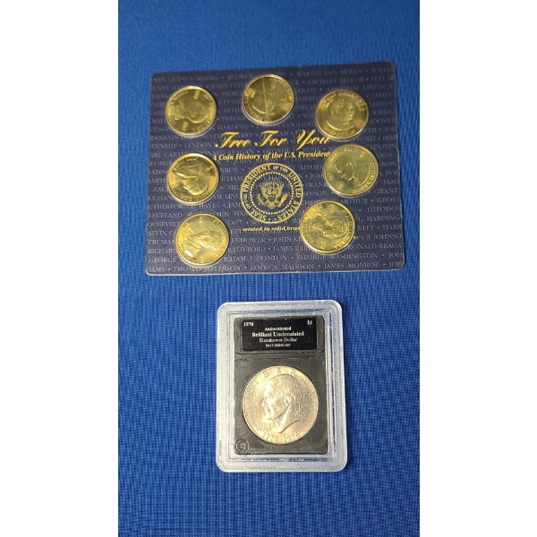 1976 Authenticated Brilliant Uncirc Eisenhower Dollar & Free For You U.S President Solid Brass Coins
