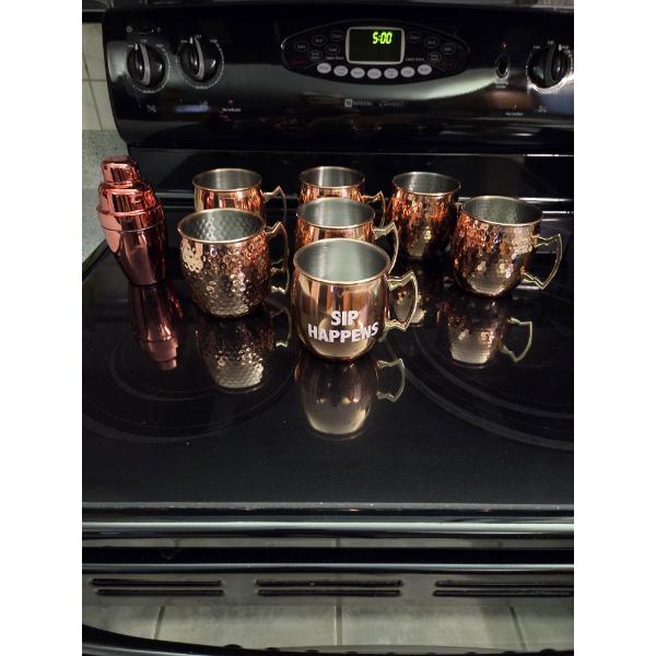 Seven Aesthetic Copper Drink Mugs With Mini Plastic Cocktail Shaker All Like New!!
