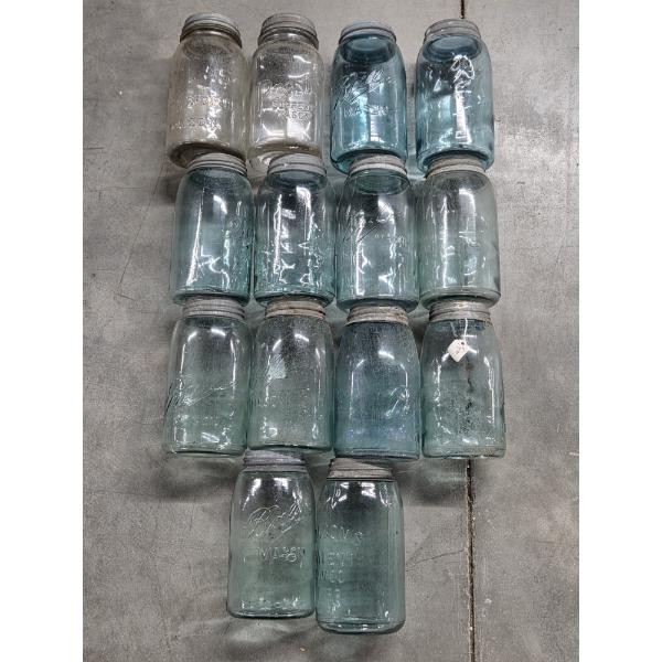 Twelve Vintage Blue Glass & Two Clear Glass Canning Jars With Lids