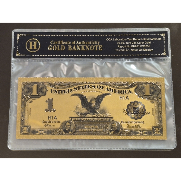 United States Historic 1899 Large Note Pure 24k .999 Gold Foil $1 Black Eagle Replica w COA - Mint.