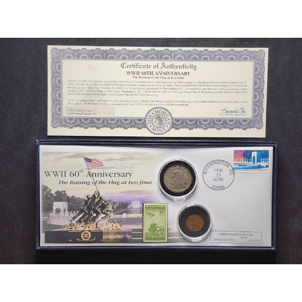 Morgan Mint WWII 60th Anniversary Raising of Flag at Iwo Jima Display Ft. Walking Liberty & Wheat