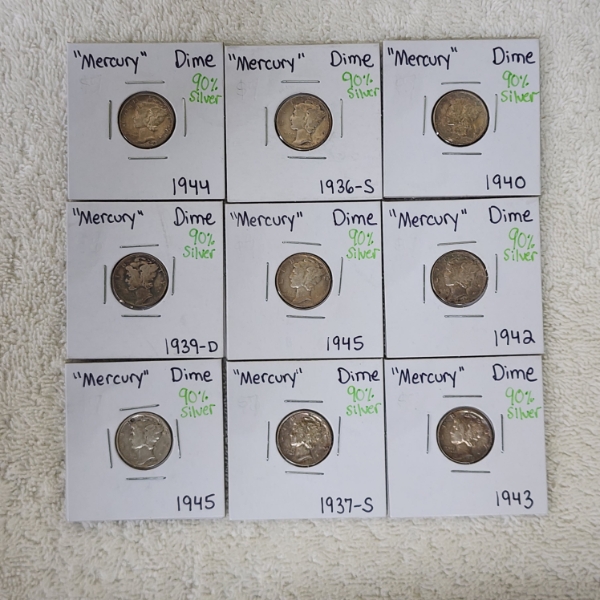 Lot of 9 Assorted Years U.S. 90% SILVER Mercury Dimes - Face Value: $0.90