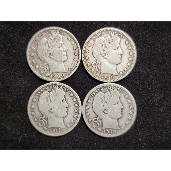 $1.00 Face Value in 90% Silver Barber Quarter Dollars - All in Great Condition!