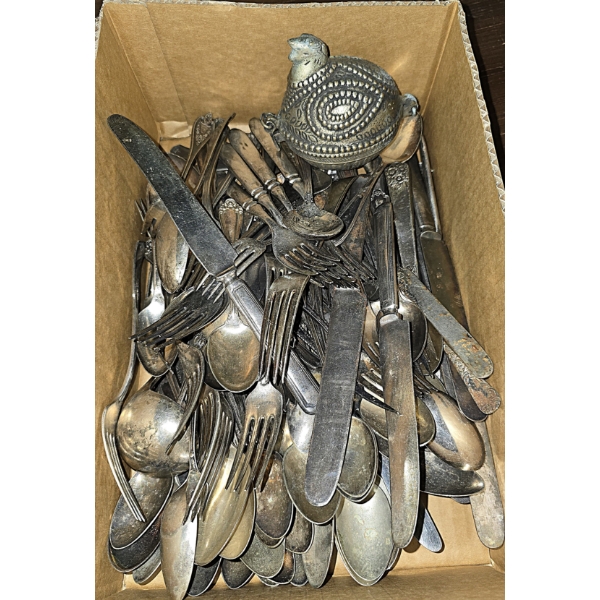 Large Lot of Silver Plate Silverware (3,535.2g TW) and a Pewter Chicken Trinket Box (487.3g TW)
