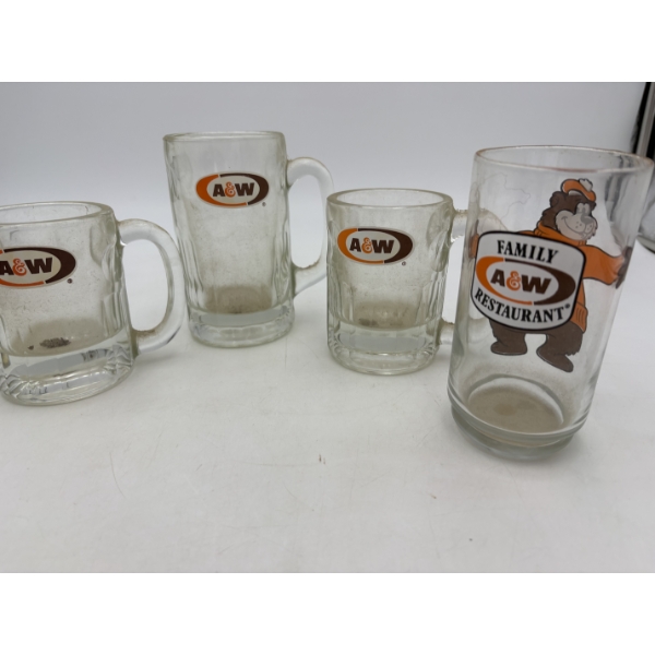 A&W Collectible Mugs & Glassware - 3 Mugs - (2) 5 inches & (1) 6 inches - A&W Glass Cup 6 inches 