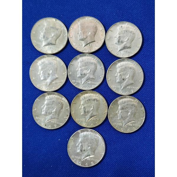 x10 Assorted Years 40% Silver Kennedy Half Dollars FV: $5.00