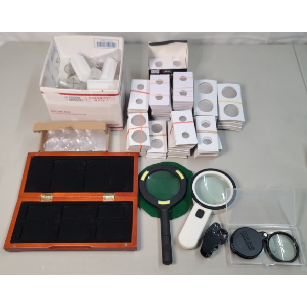 Collection Of Magnifying Glasses, Coin Tubes, Brand New Carboard Various Sized Coin Flips & More!
