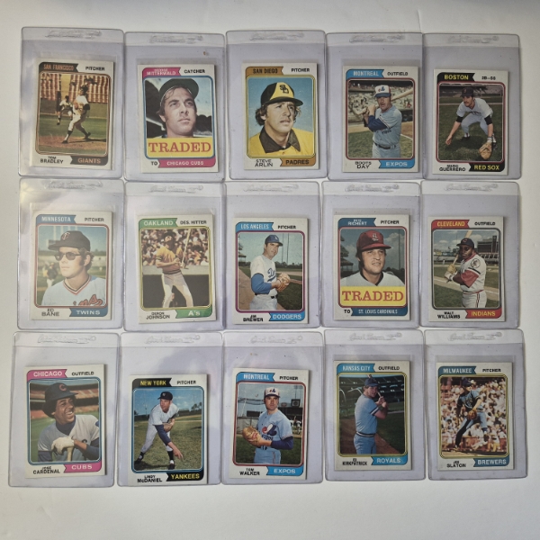 MINT 1974 TOPPS BASEBALL CARDS - 15 ASSORTED SLEEVED CARDS IN NEVER TOUCHED FRESH CONDITION 