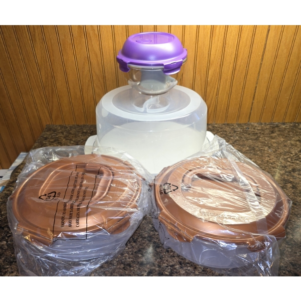 Food Storage Bundle - Cake Carrier, 2 Fruit/Veggie Trays, Microwavable Glass with Vented Lid
