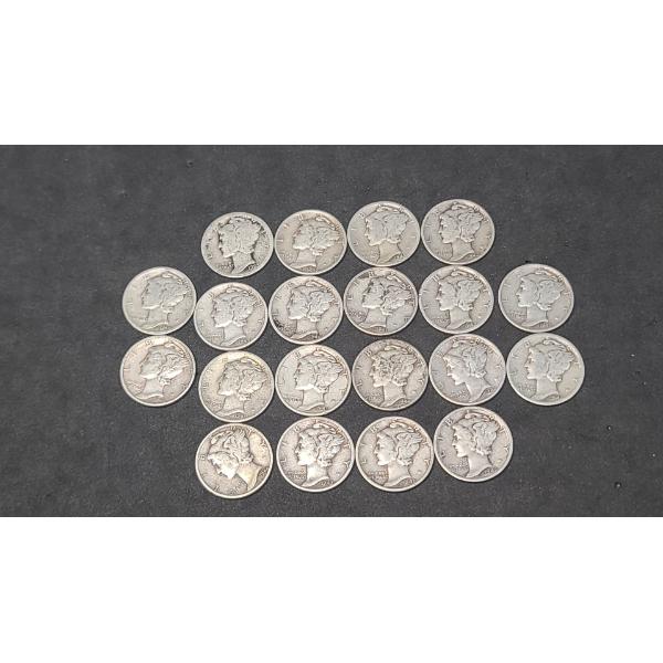Assorted Years & Mint Marks 90% Silver Mercury Head Dimes - Face Value: $2.00
