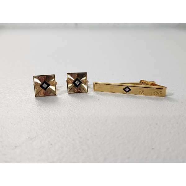 Gold-Tone Cufflinks and Tie Clip with Diamonds - Excellent Condition