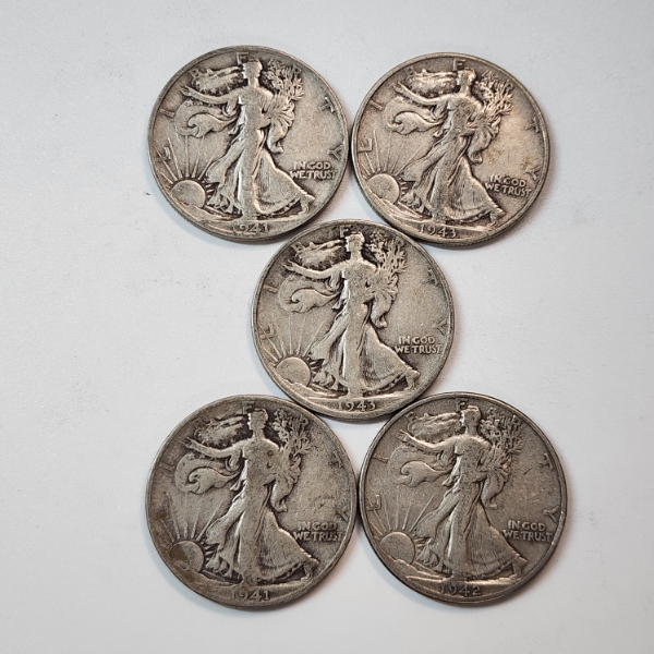 Five Assorted Years 90% Silver Walking Liberty Half Dollars - Face Value: $2.50