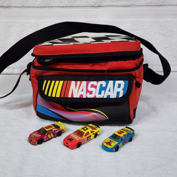 3 Assorted Vintage Toy Diecast Racing Cars Dating Back to 1980's With Nascar Collectible Lunchbox ~ 