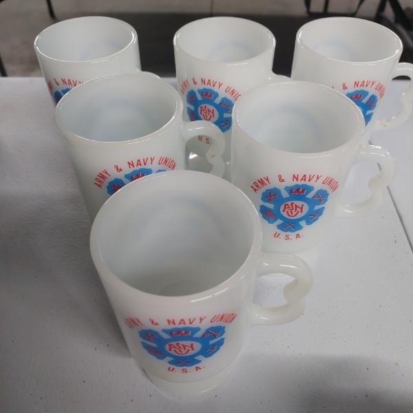 Vintage - 6 Army Navy Milk Glass Footed Mugs