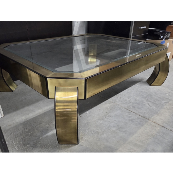 Excellent Condition Vintage Asian Inspired Glass And Brass Look 50''x40''x15.5 Large Cocktail Table