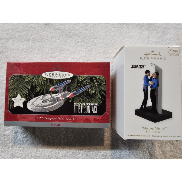 Star Trek - 2 Hallmark Keepsake Ornaments - USS Enterprise and Mirror, Mirror with Boxes
