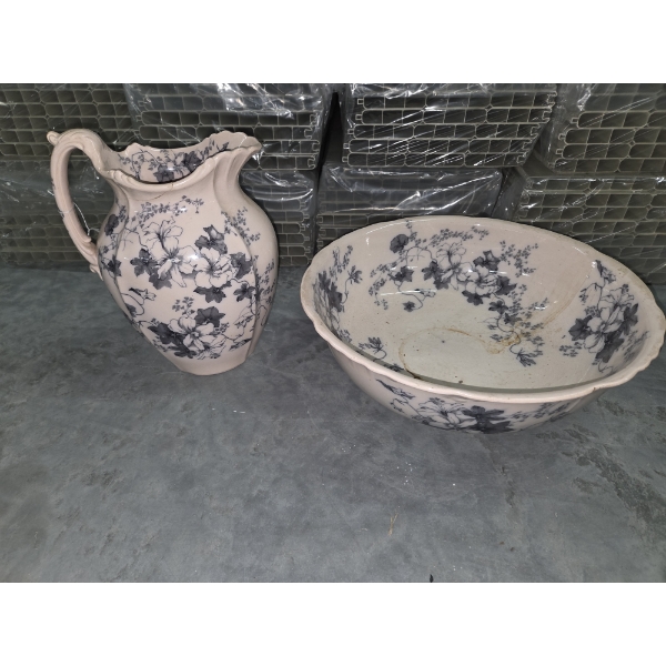 Antique Pitcher & Bowl Beautiful Pale Pink With Blue Flowers
