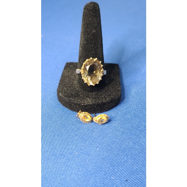 10K Gold Smokey Quartz Ring - Size 8.5 & 10K Gold Citrine Earrings - Total Weight: 6.1g