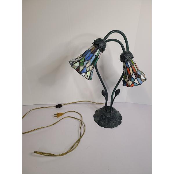 Gorgeous Stained Glass Portable Lamp With Floral Bottom - Working Condition