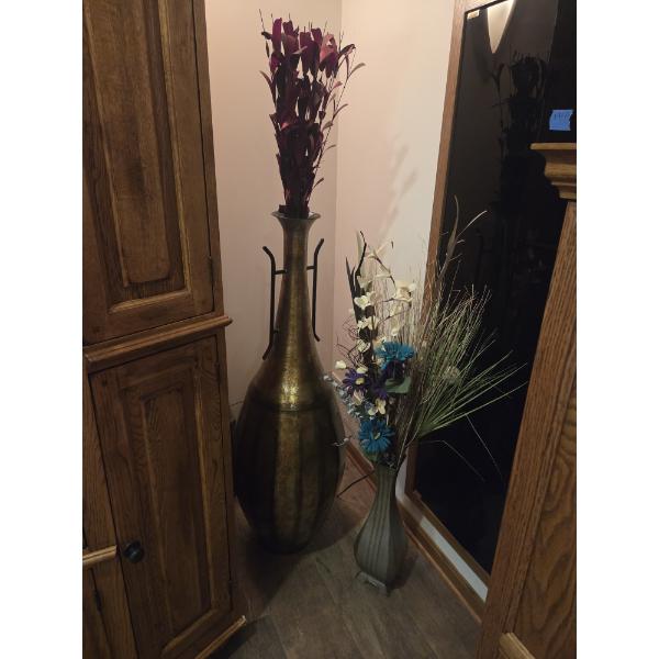 Tall Metal Vase And Smaller Green Vase With Faux Flowers