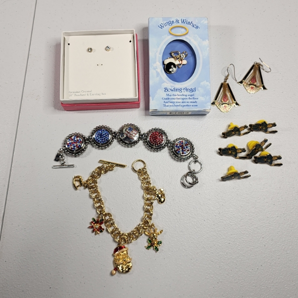 Assorted Costume Jewelry & Collectibles: Holiday Theme Bracelets, Pins, Earrings