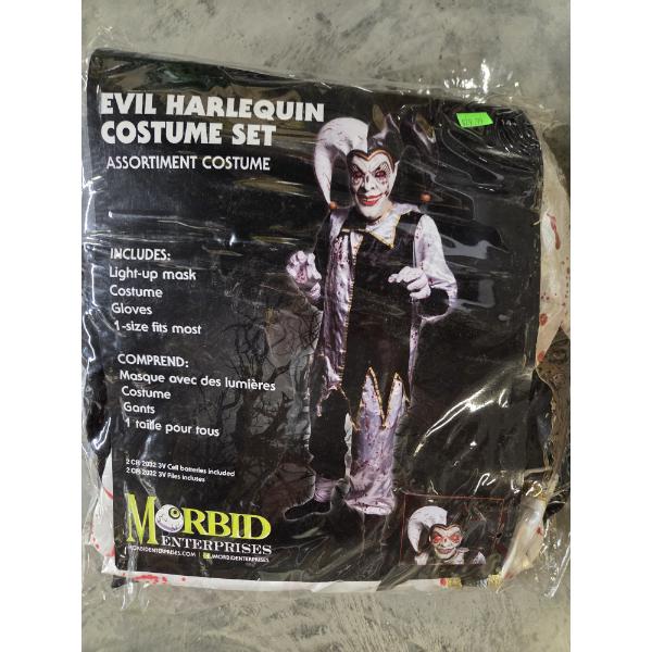 Brand New One Size Fits Most Evil Harlequin Costume Set Includes Light Up Mask, Costume, & Gloves!
