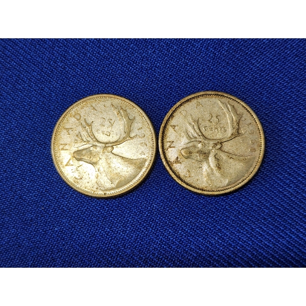 2 - 50% Silver Canadian Quarters: 1964 & 1960 - ASW: 0.0937oz Each